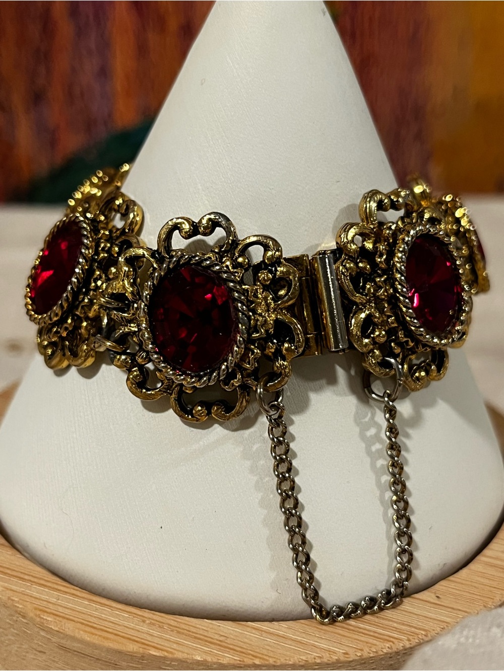 Vintage Red Gem Gold-Tone Bracelet with Deep Red Gem Accents - Women’s Jewelry